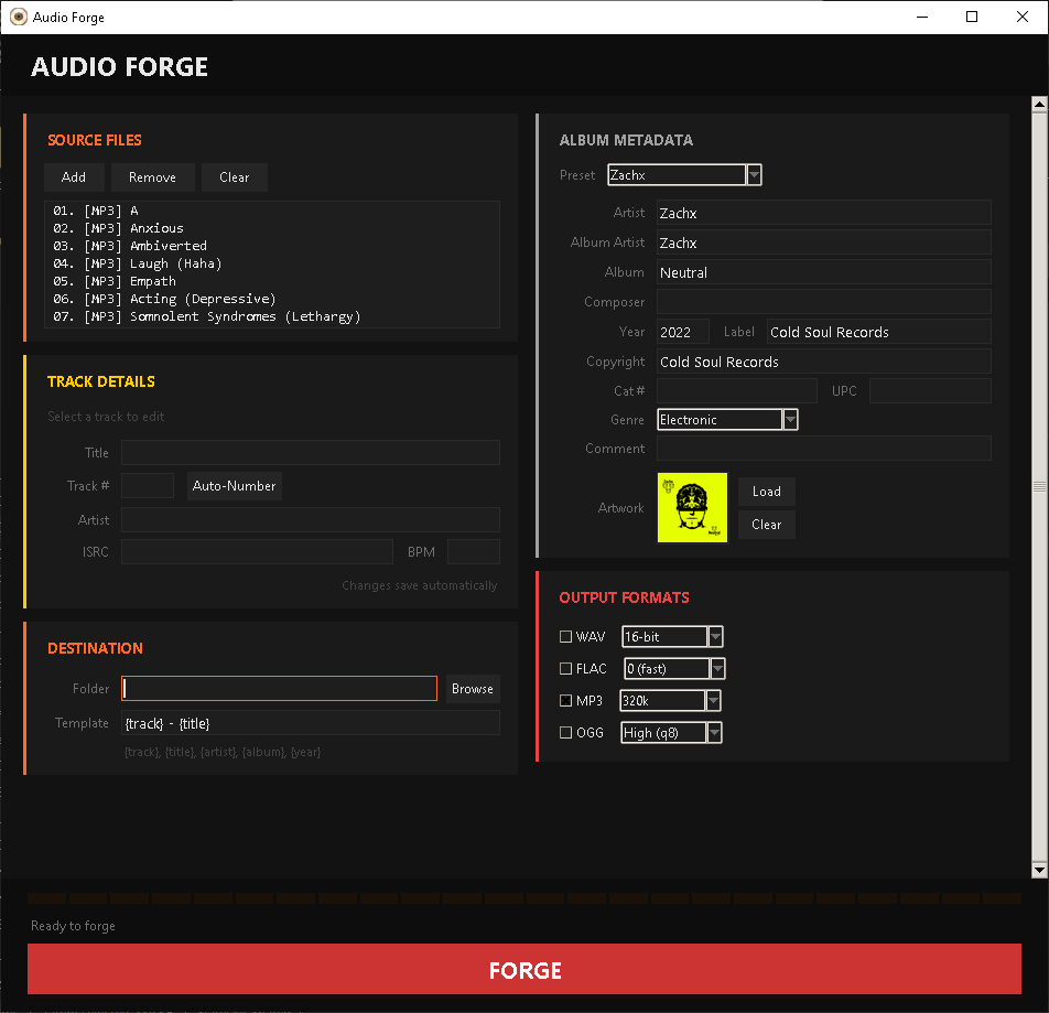 Audio Forge desktop application interface for source files, album metadata, output formats, and destination settings