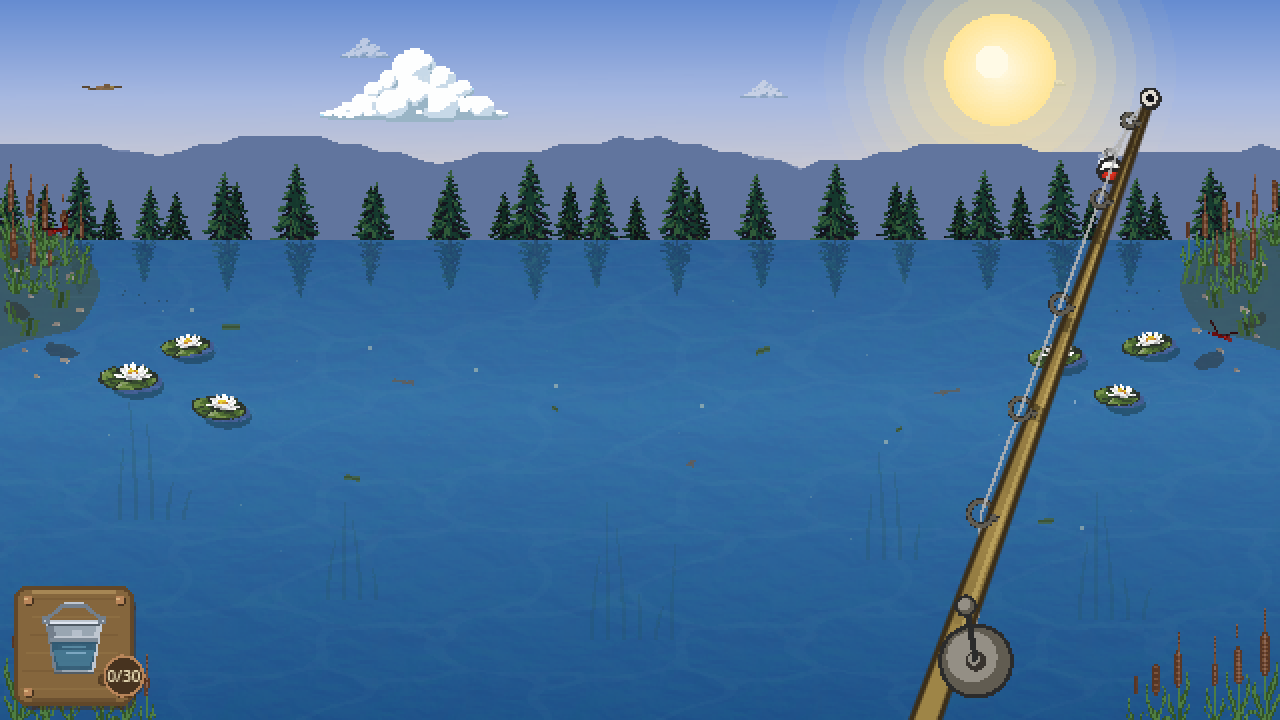 Fishin' gameplay screenshot with pixel-art lake, fishing rod, and lily pads