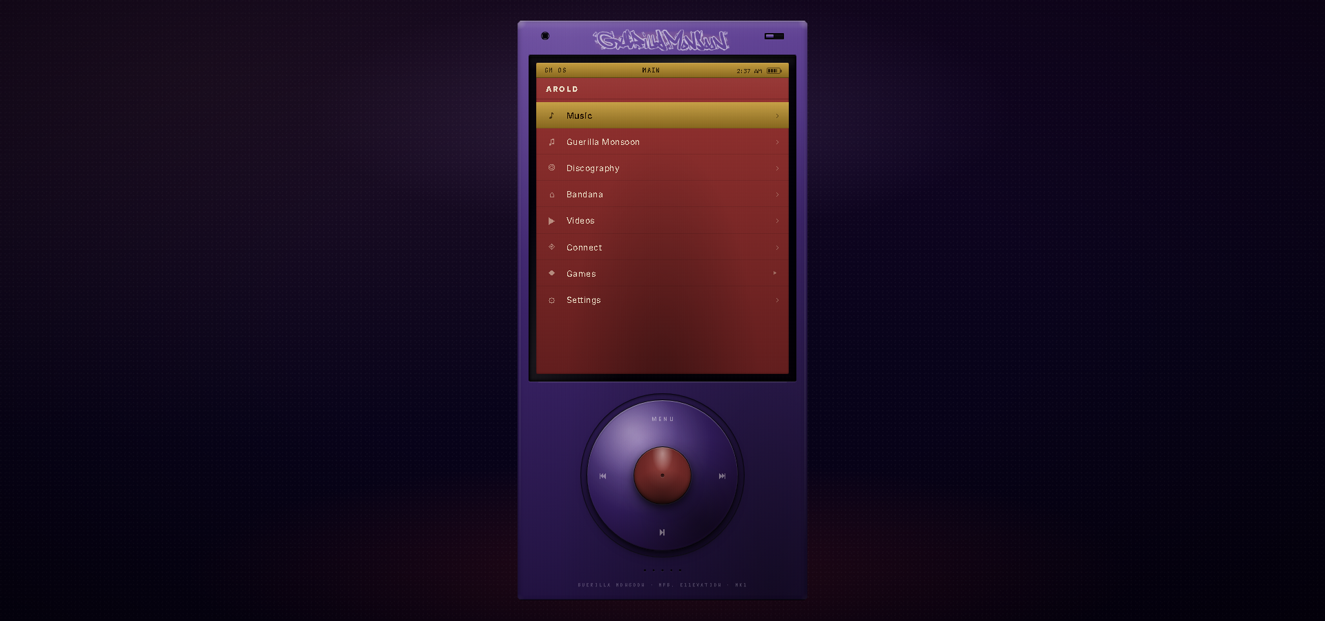 Monsoon AROLD artist website with functional iPod Classic interface