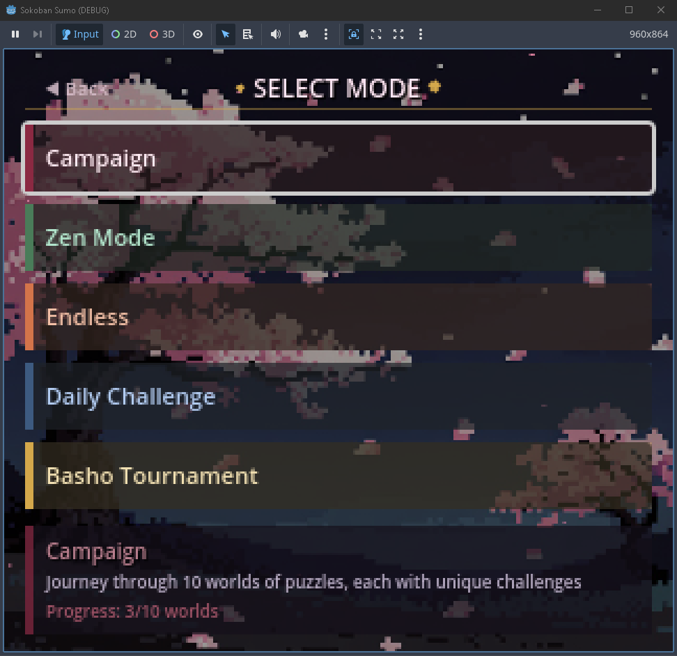 Mode selection screen with color-coded options